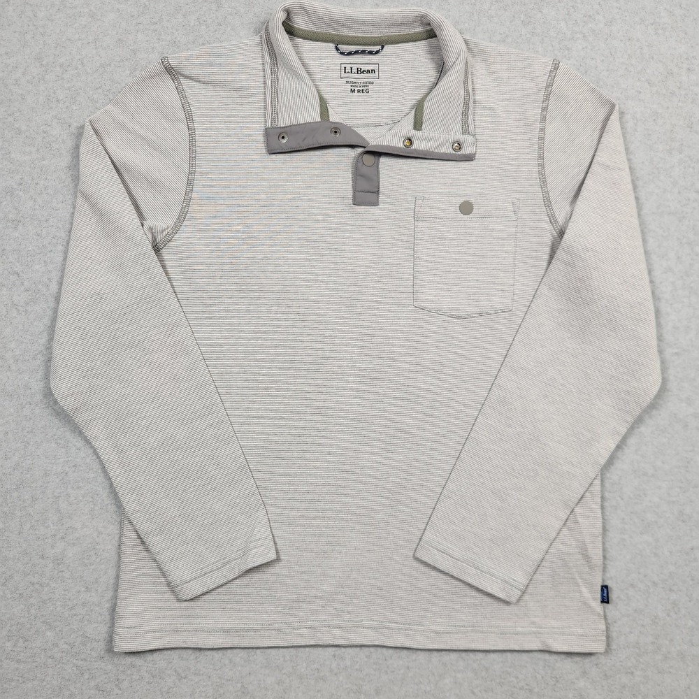 LL Bean Bold Coast Pullover Mens Medium Gray White Striped Active Stretch 524592